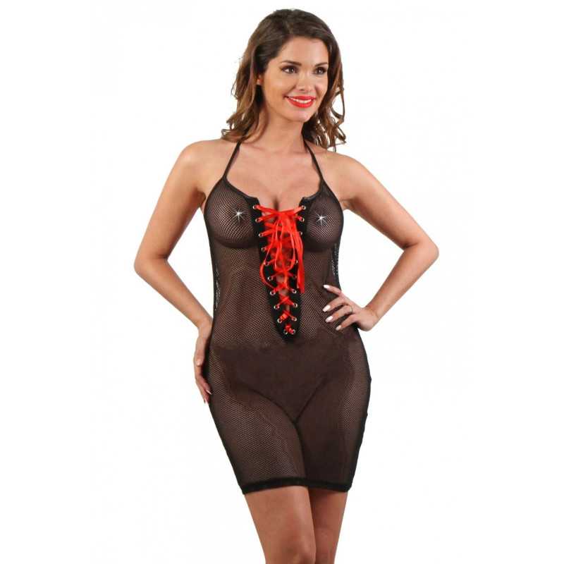 Intime-et-Sens Loveshop 89 Robe Résille Noire Lacée Satin Rouge