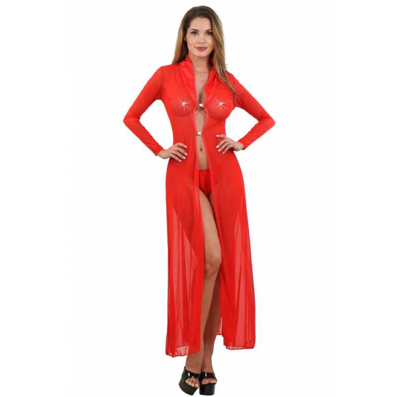 Intime-et-Sens Loveshop 89 Déshabillé Long Rouge Micro Résille