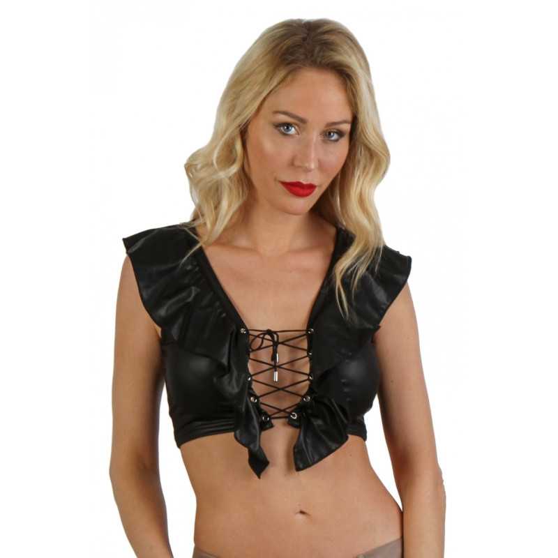 Intime-et-Sens Loveshop 89 Top Wetlook noir volant laçage devant