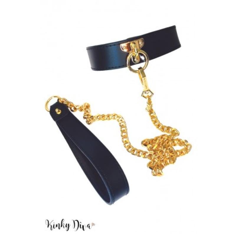 .Collier noir surpiqures laisse dorée petit anneau