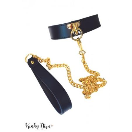 .Collier noir surpiqures laisse dorée petit anneau
